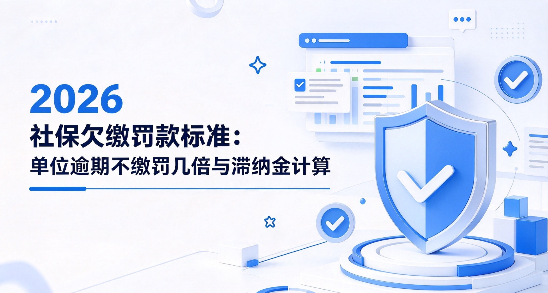 蓝白风格插画展示2026年社保欠缴罚款标准及滞纳金计算规则。