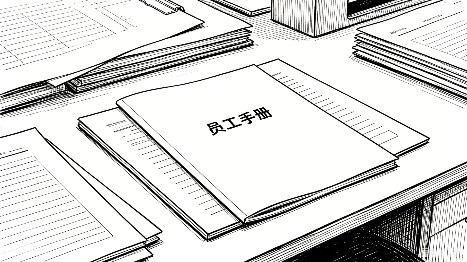 桌上摆放着员工手册和各类文件